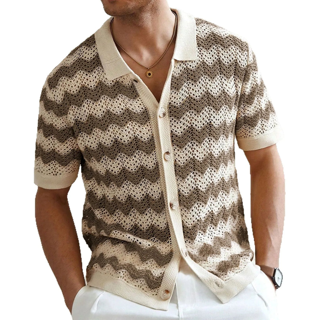 Men's blue short-sleeve sweater with a textured hollow jacquard corrugated pattern.