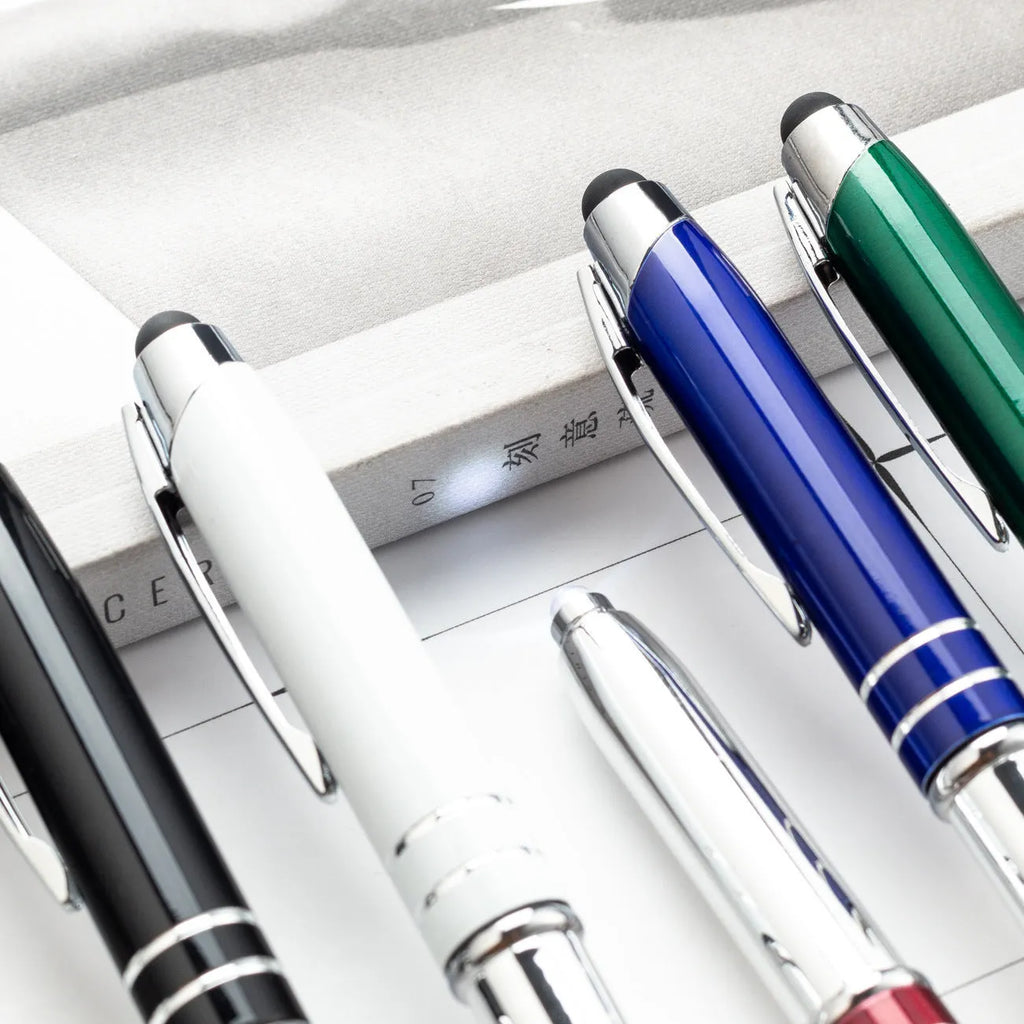 Red multifunctional metal ballpoint pen with capacitive stylus tip and LED light
