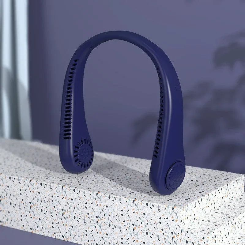 White bladeless neck fan with flexible neckband and USB charging port