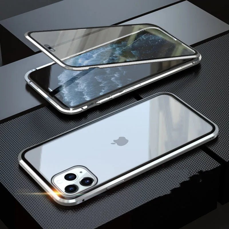 Glass anti-spy iPhone case with clamshell cover shown in black, silver, red, gold, green, and blue colour options.