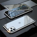Glass anti-spy iPhone case with clamshell cover shown in black, silver, red, gold, green, and blue colour options.