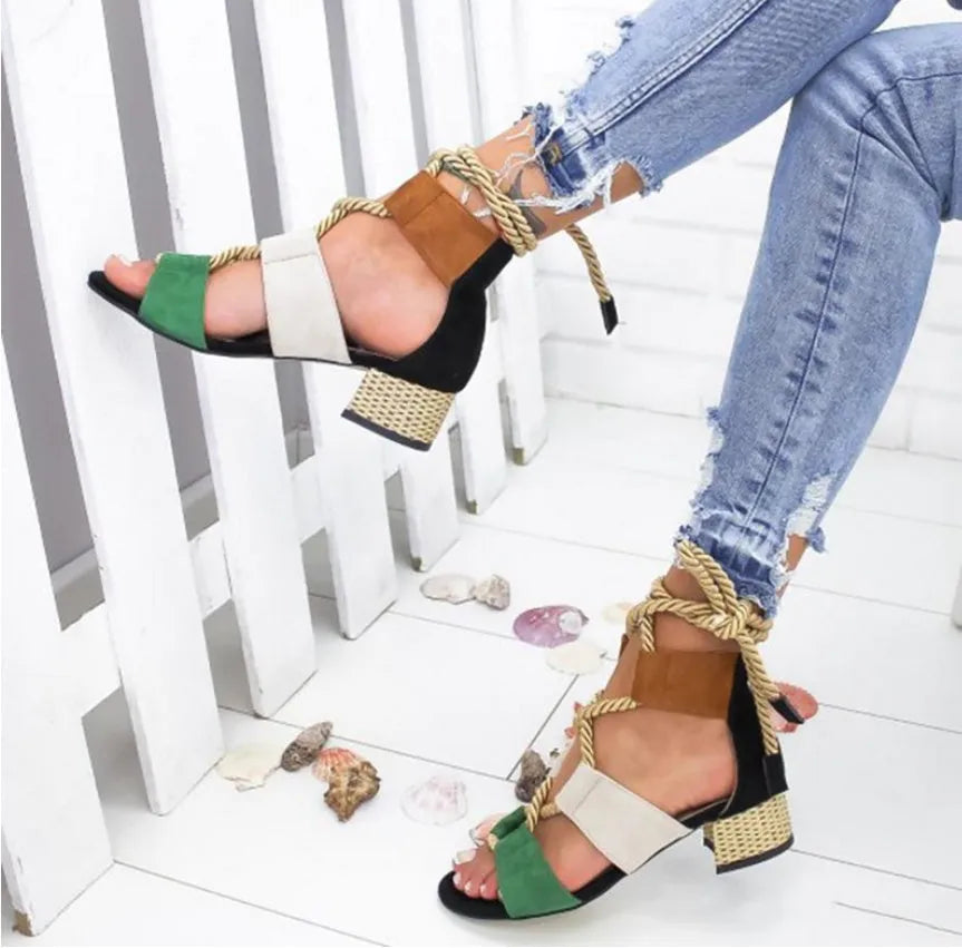 Women's beige suede fashion sandals with thick heel, fish mouth toe, and ankle strap.