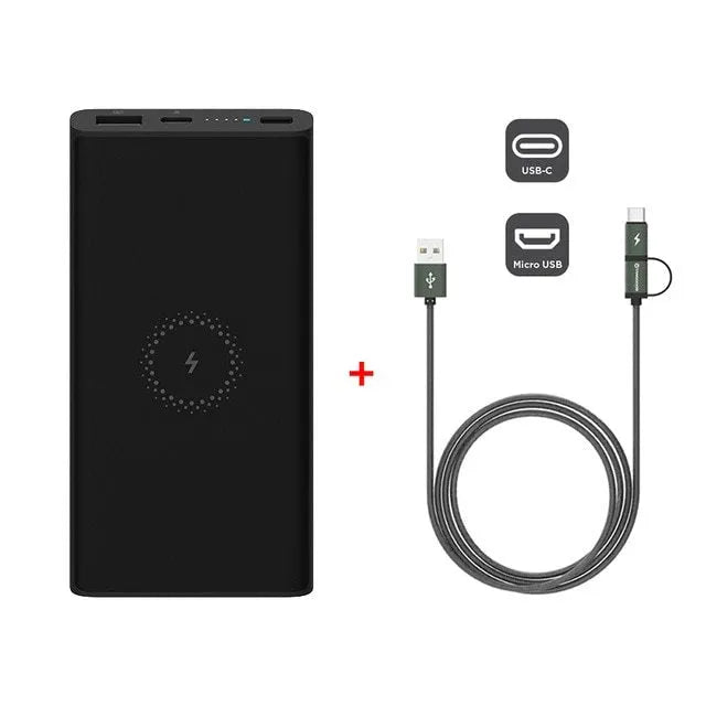 White or black 10000mAh polymer lithium ion power bank with fast charging and wireless output.