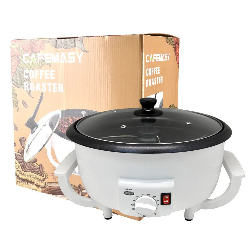 White oblate home coffee bean roasting machine with 750g capacity and 225mm base.