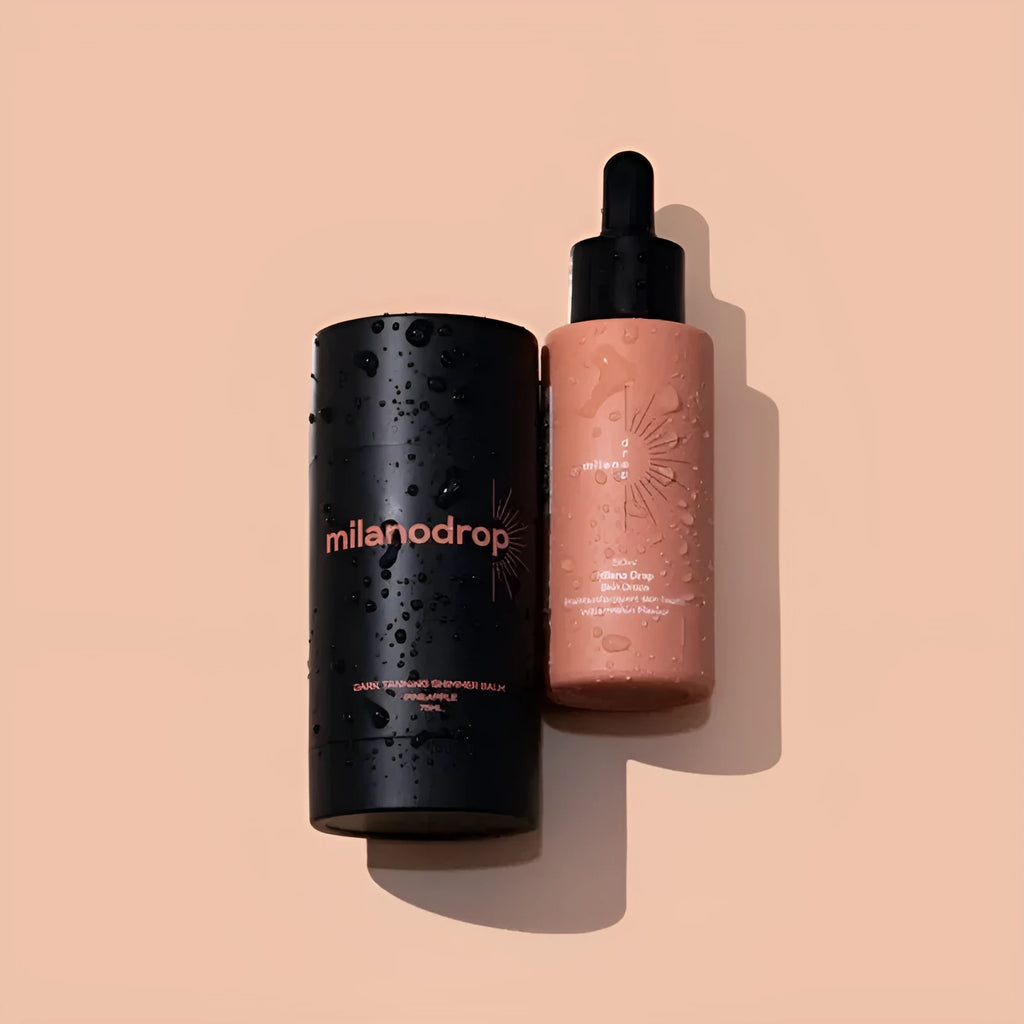Matte Sun Tanning Black Liquid set showing 50ml tanning drops and 75ml flash cream bottles
