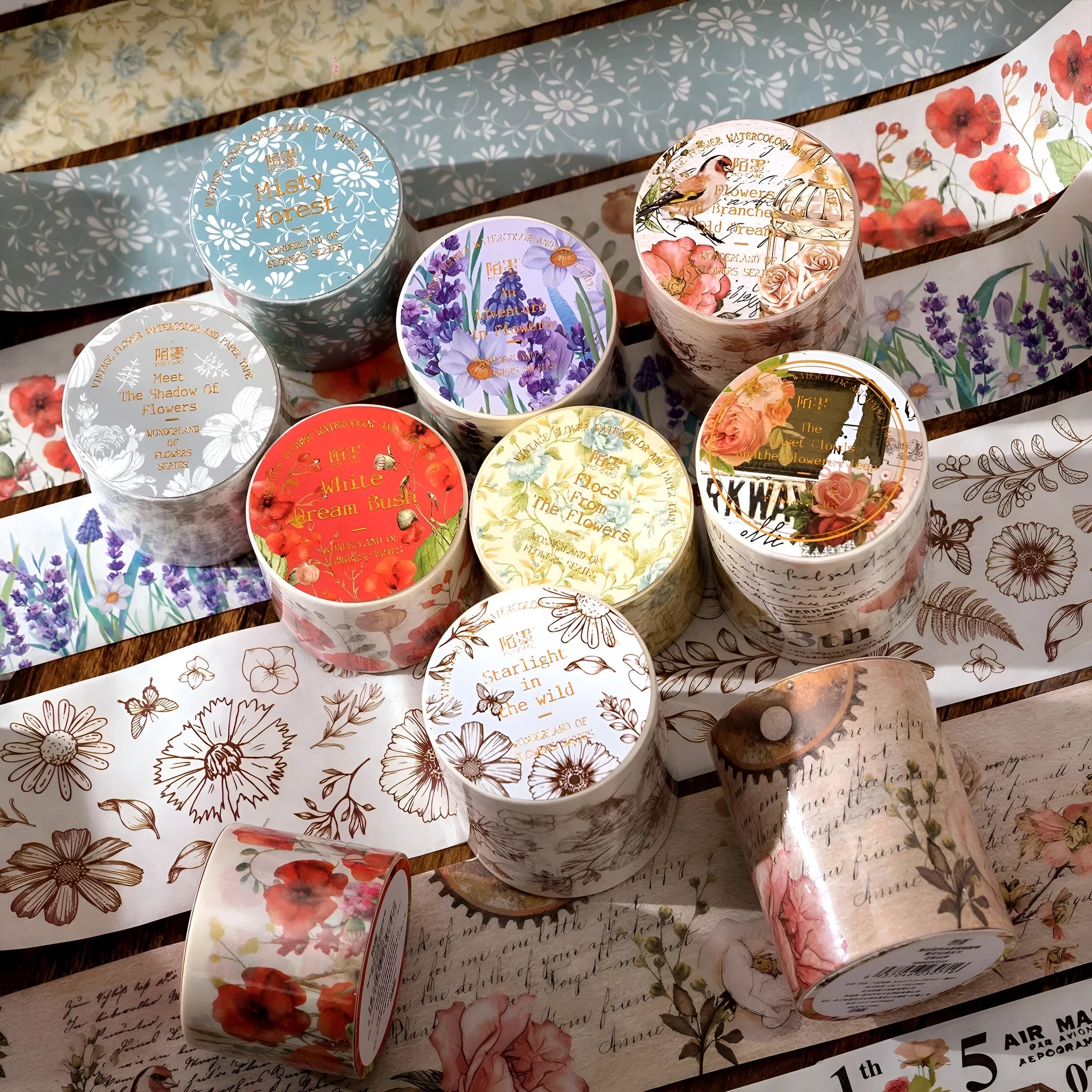 Roll of vintage-style floral watercolour decorative tape on a Japanese paper base.