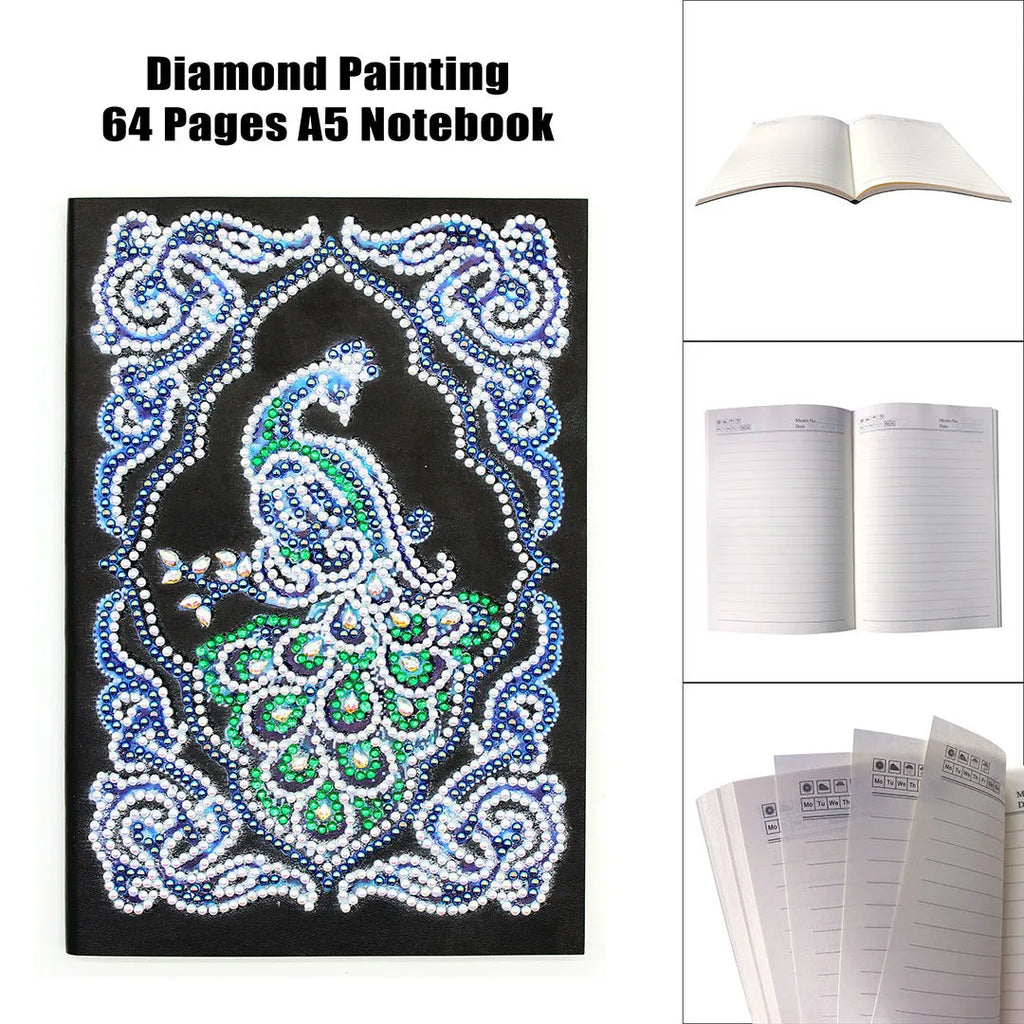 Black A5 diamond painting notebook featuring a peacock pattern with shaped and bright resin drills.