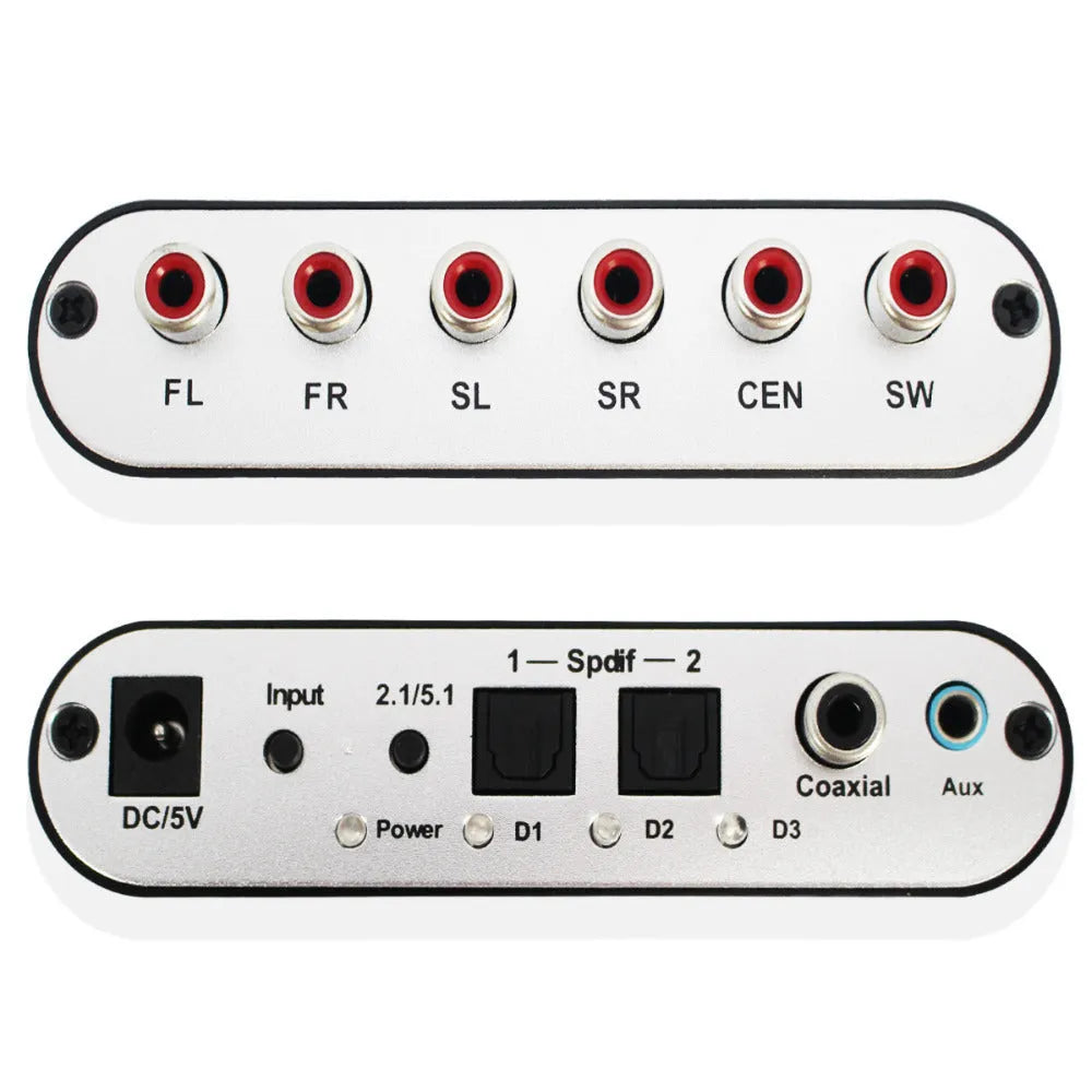 Black DTS Dolby AC-3 digital to analogue audio decoder with optical and coaxial inputs for 5.1 channel surround sound conversion.