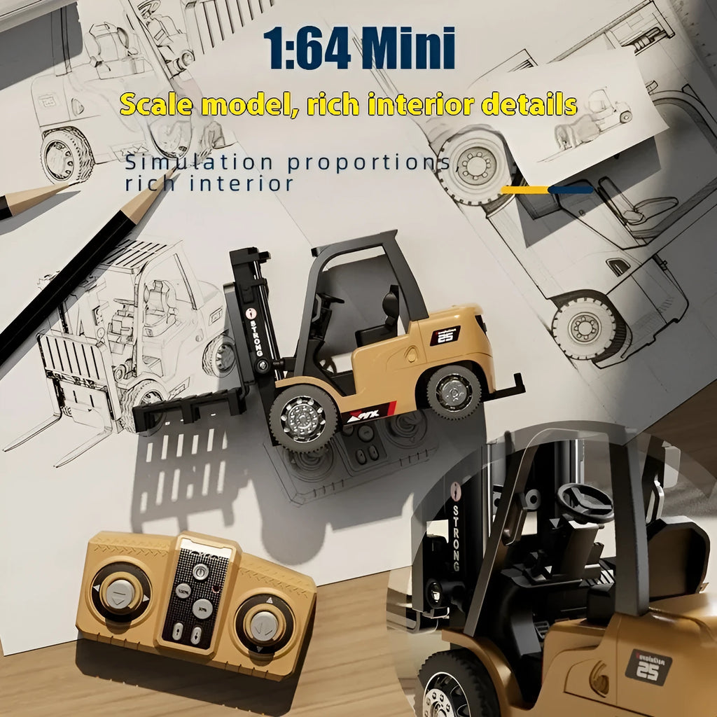 1:64 scale silver alloy remote control forklift toy with cargo hook on a pallet.