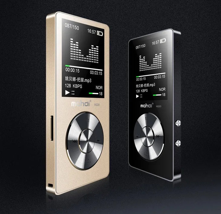 Gold all-metal portable MP3 player with 1.8-inch screen showing music menu