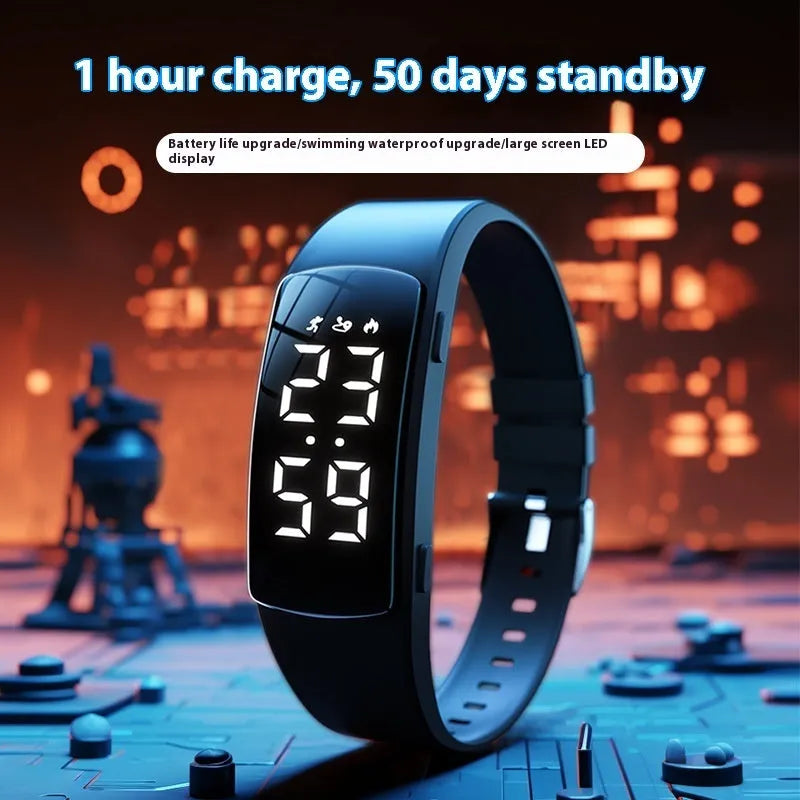 Smart waterproof electronic watch with vibration alarm on a silicone strap, showing an LED display.