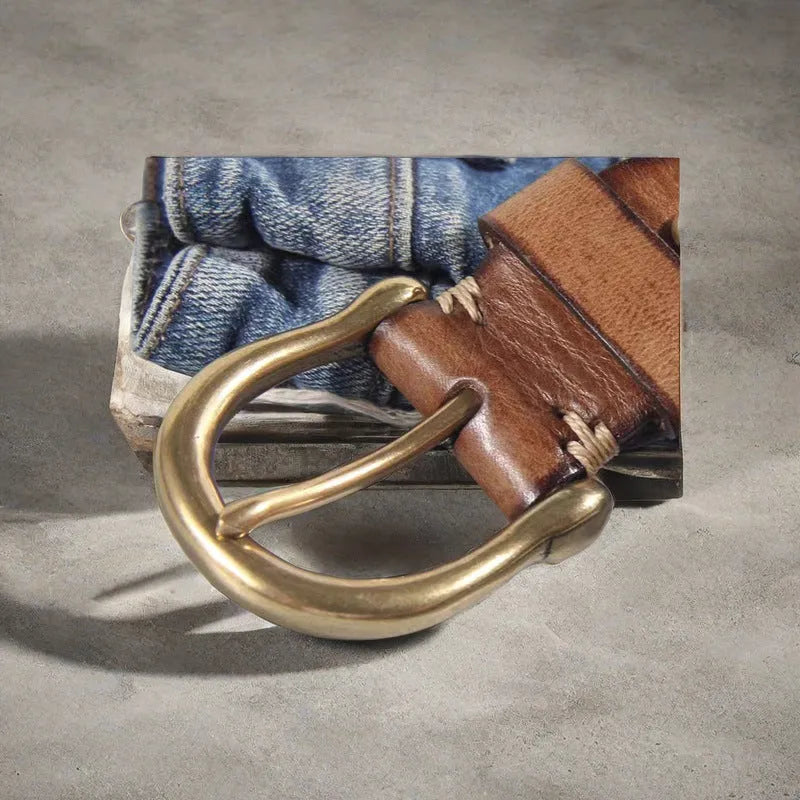 Men's cattlehide leather casual belt with copper pin buckle in black, brown or khaki colour