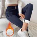Women's navy blue high-waist straight-leg trousers with slim fit and casual styling
