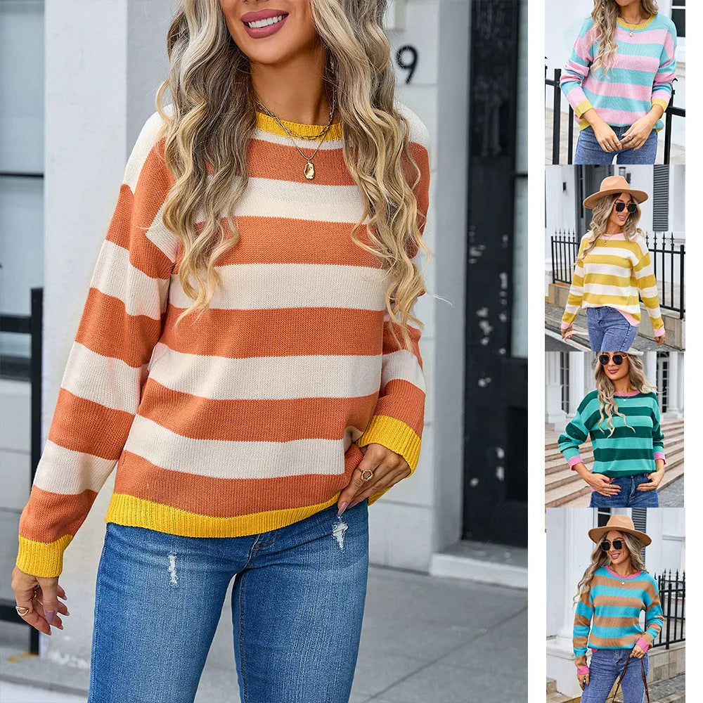 Women's loose striped acrylic sweater in blue with long sleeves and round neck