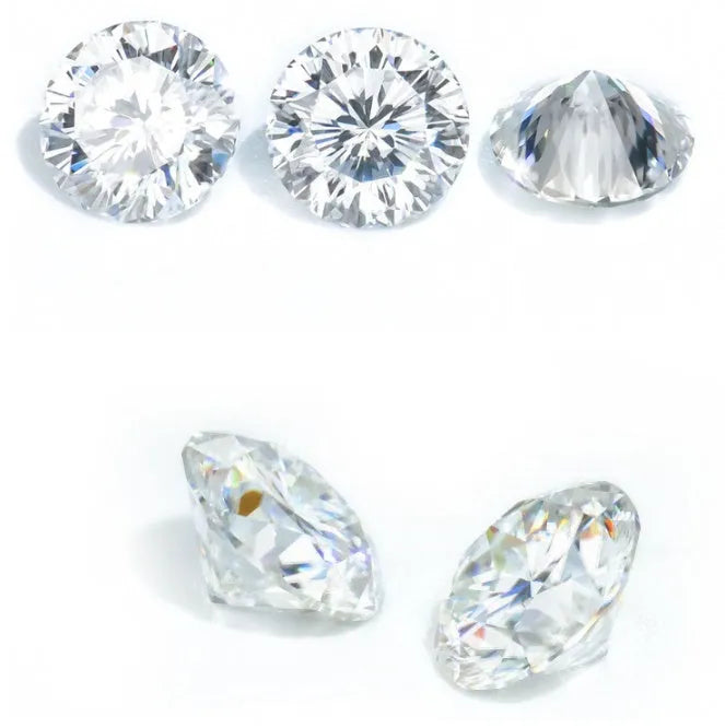 Round cut moissanite stone with eight hearts and eight arrows faceting, shown on a neutral background.