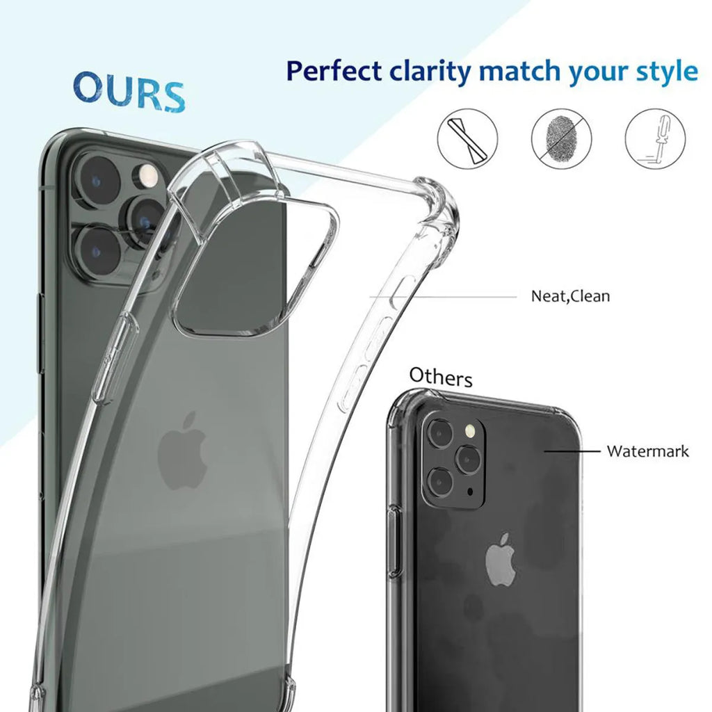 Clear transparent TPU shockproof phone case for Apple iPhone showing compatibility with multiple models