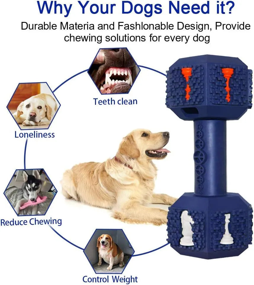 Heavy-duty dog chew toy dumbbell shape with hollow ends for treats in black or blue colour