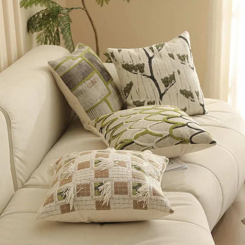 Square Jacquard woven cushion cover with detailed retro botanical pattern in 45x45cm size