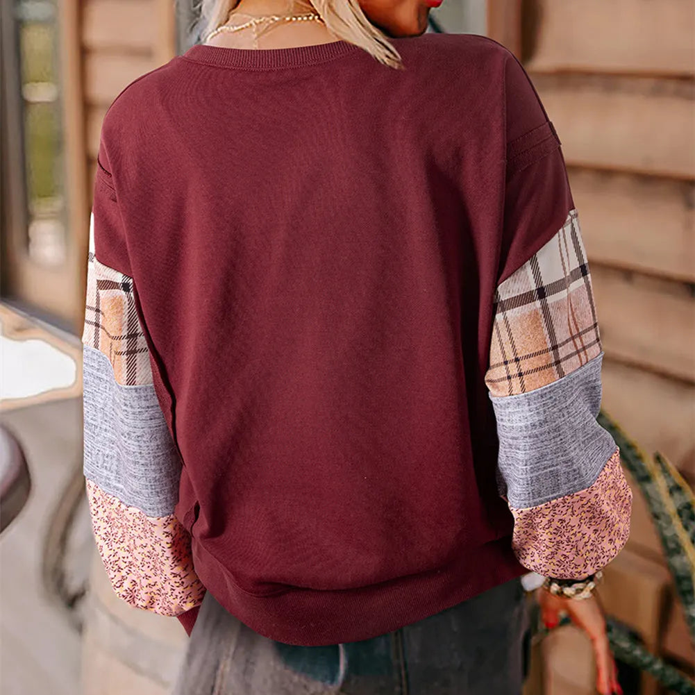 Women's loose fit plaid long-sleeved top in apricot colour with Japanese Korean styling