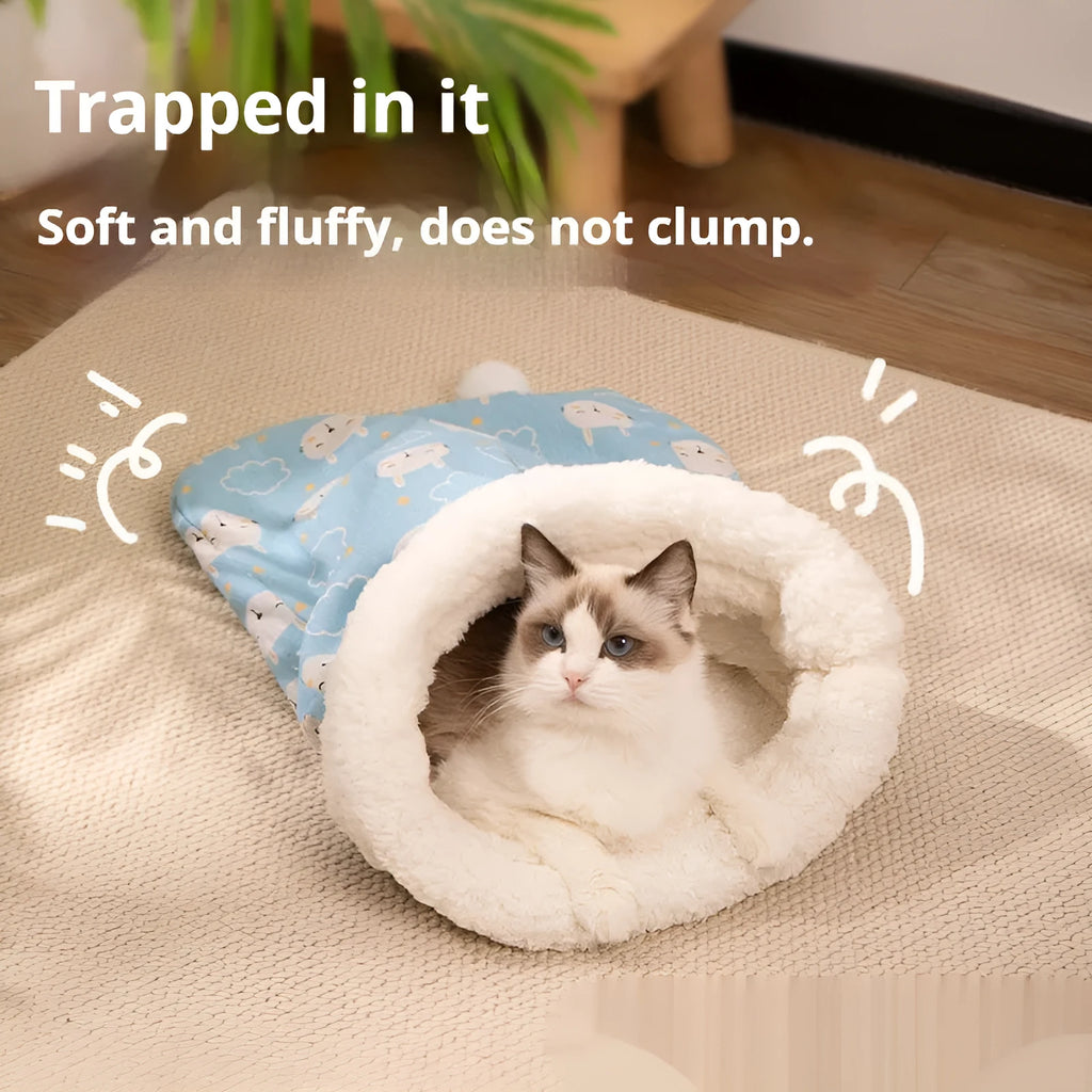 Flannel cat sleeping bag nest in 50x40cm size, shown in pink trojan pattern design.