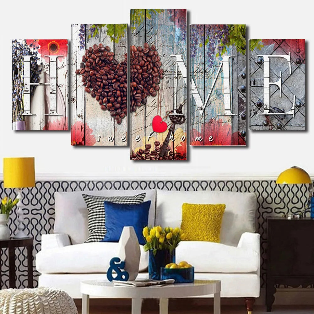 Red oil painting canvas wall art set showing five unframed canvases in coordinated sizes