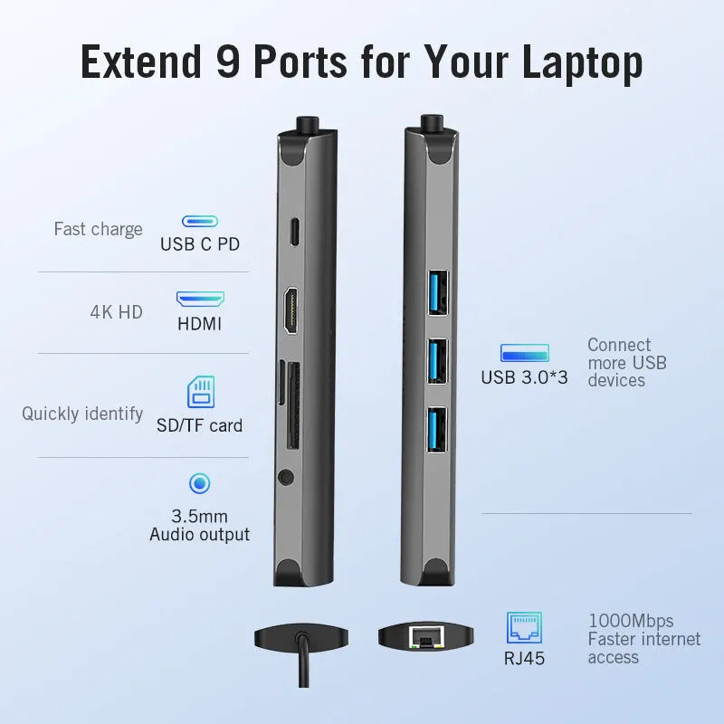 Deep grey USB-C to HDMI hub with Ethernet, USB ports, card readers, and PD charging on a 0.15m cable
