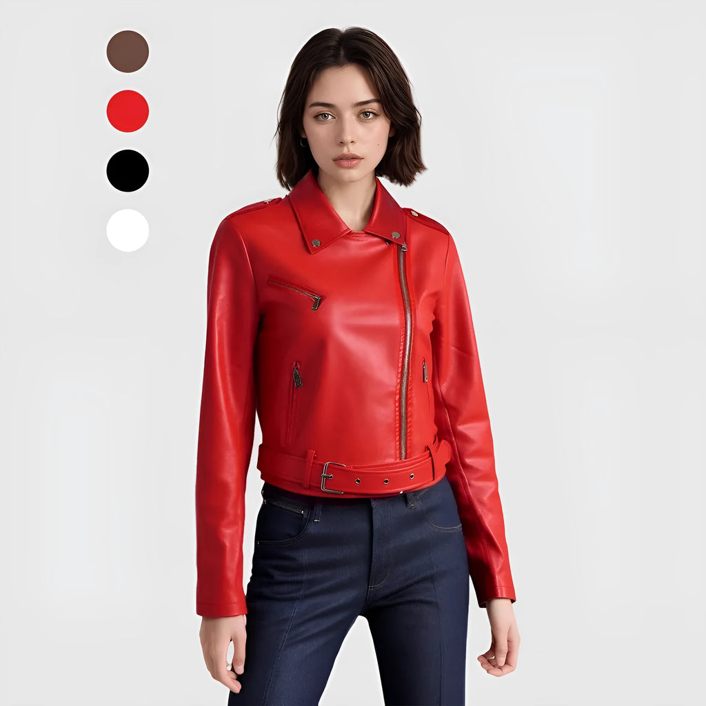 Women's red PU leather short jacket with a lapel collar and waist belt fastened.