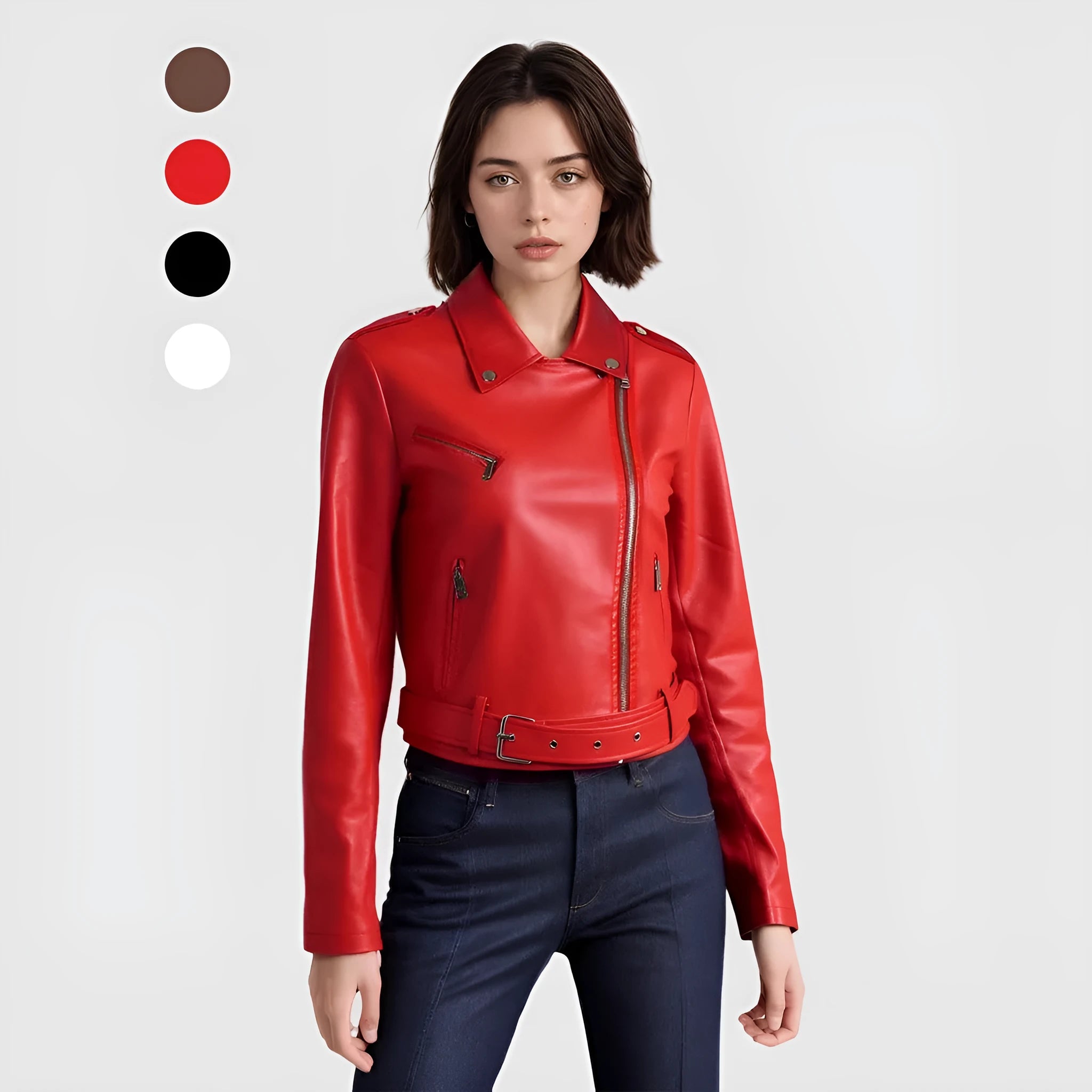 Women's red PU leather short jacket with a lapel collar and waist belt fastened.