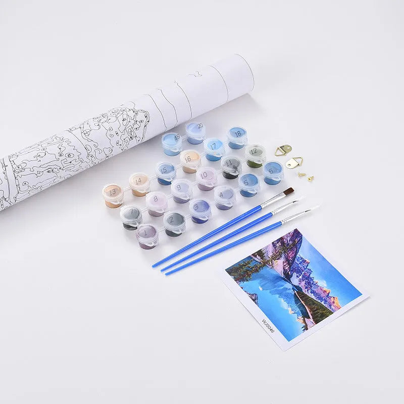 Sea view villa digital painting kit with 40x50cm canvas, acrylic paints, and brushes