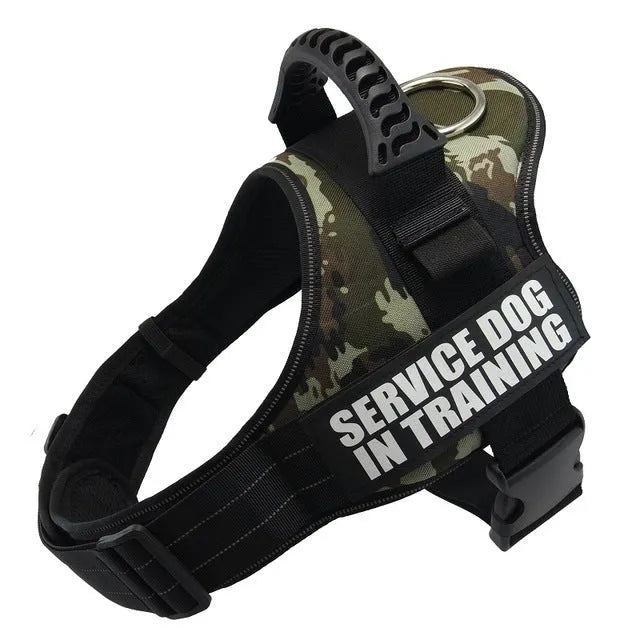 Adjustable no-pull dog harness vest with reflective strips and a chest strap, shown in various colours