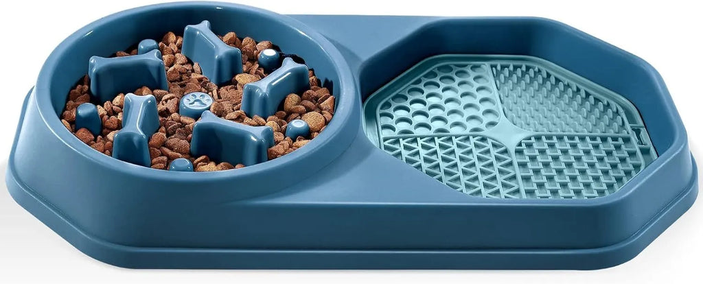 Blue slow feeder dog bowl with puzzle ridges and non-slip base for small to medium dogs.