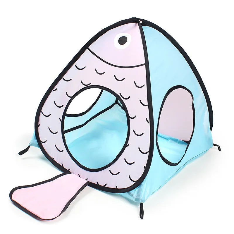 Foldable grey pet tunnel and tent toy with cat and fish design for indoor play.
