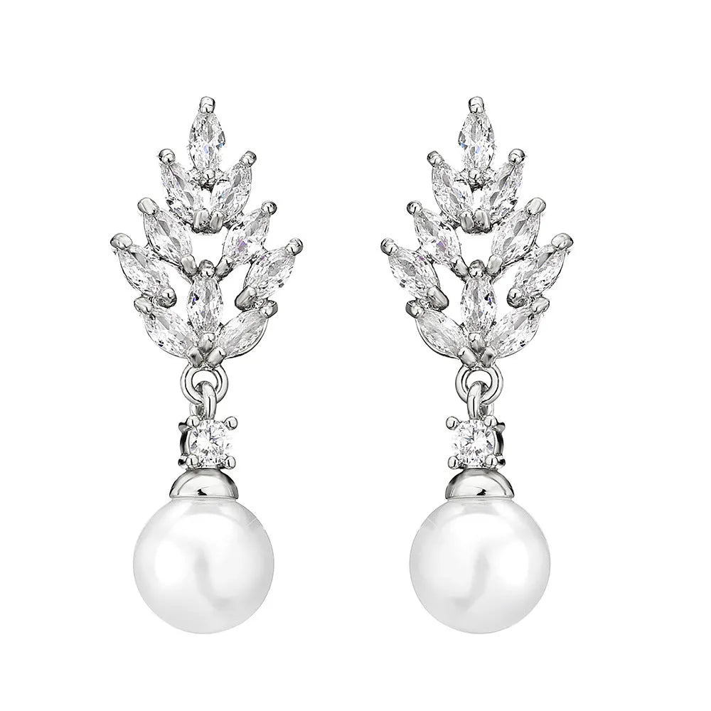 Geometric floral earrings with micro-set zircon stones in gold, platinum, or rose gold plating.