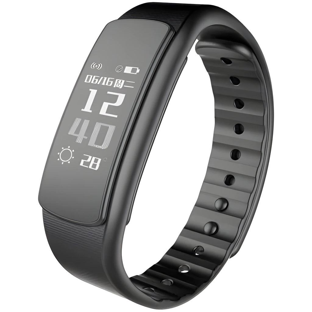 I6 smart sports bracelet with black TPU strap and 0.96 inch touch screen displaying fitness data.