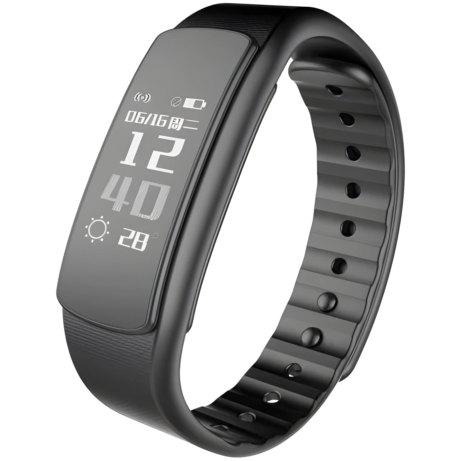 I6 smart sports bracelet with black TPU strap and 0.96 inch touch screen displaying fitness data.