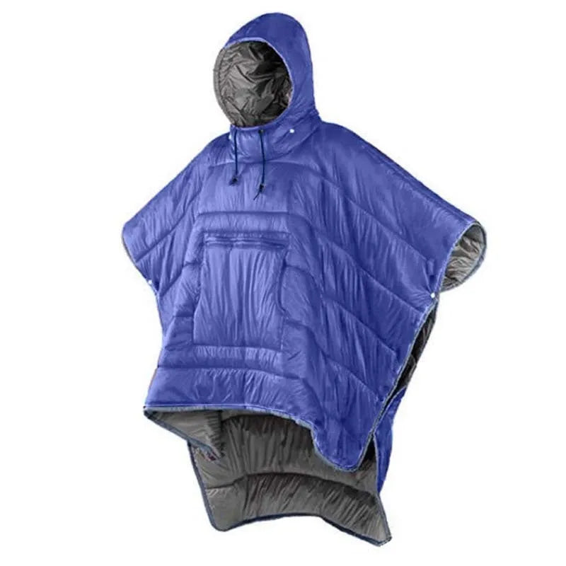 Outdoor cloak sleeping bag wearable as cape shawl with 200x140cm dimensions and hollow cotton filling