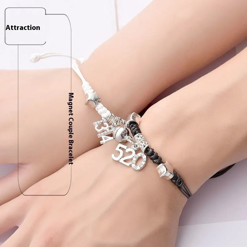 Magnetic couple bracelets with suction clasp showing various charm designs like a crown, clover, and love lock.