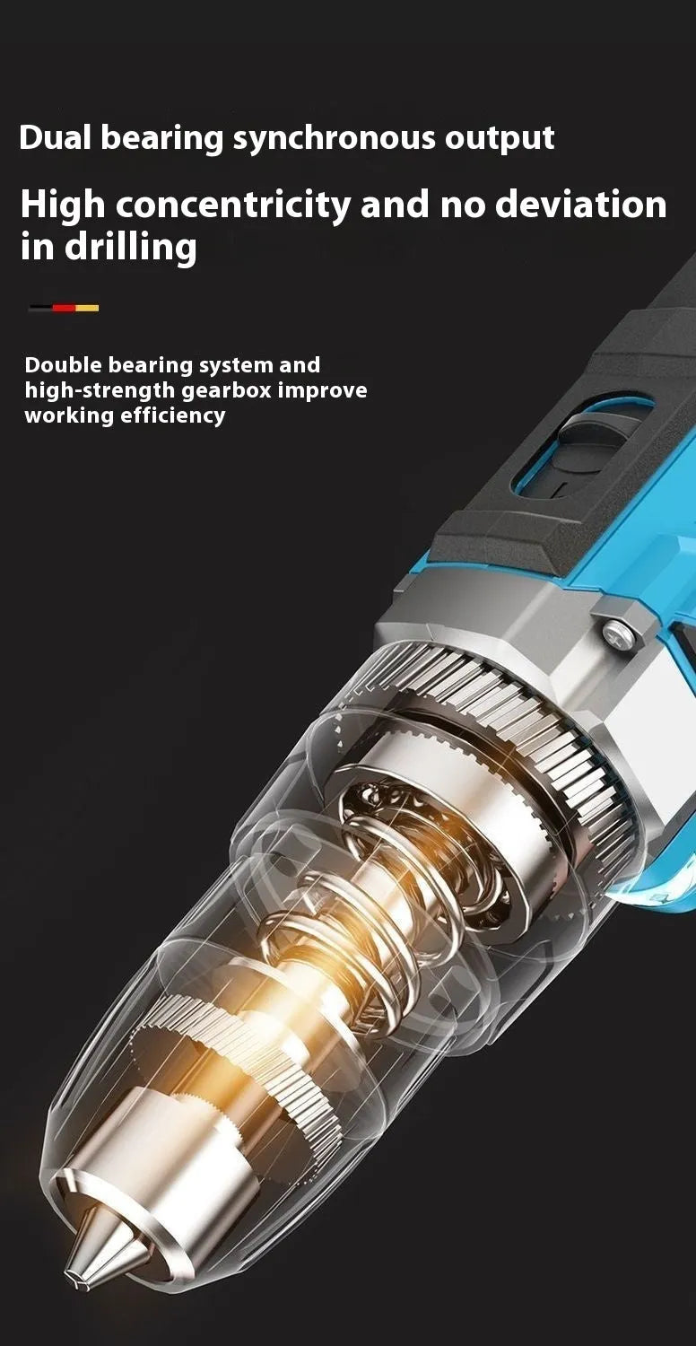 12V cordless impact pistol drill with metal chuck and accessories in plastic storage case