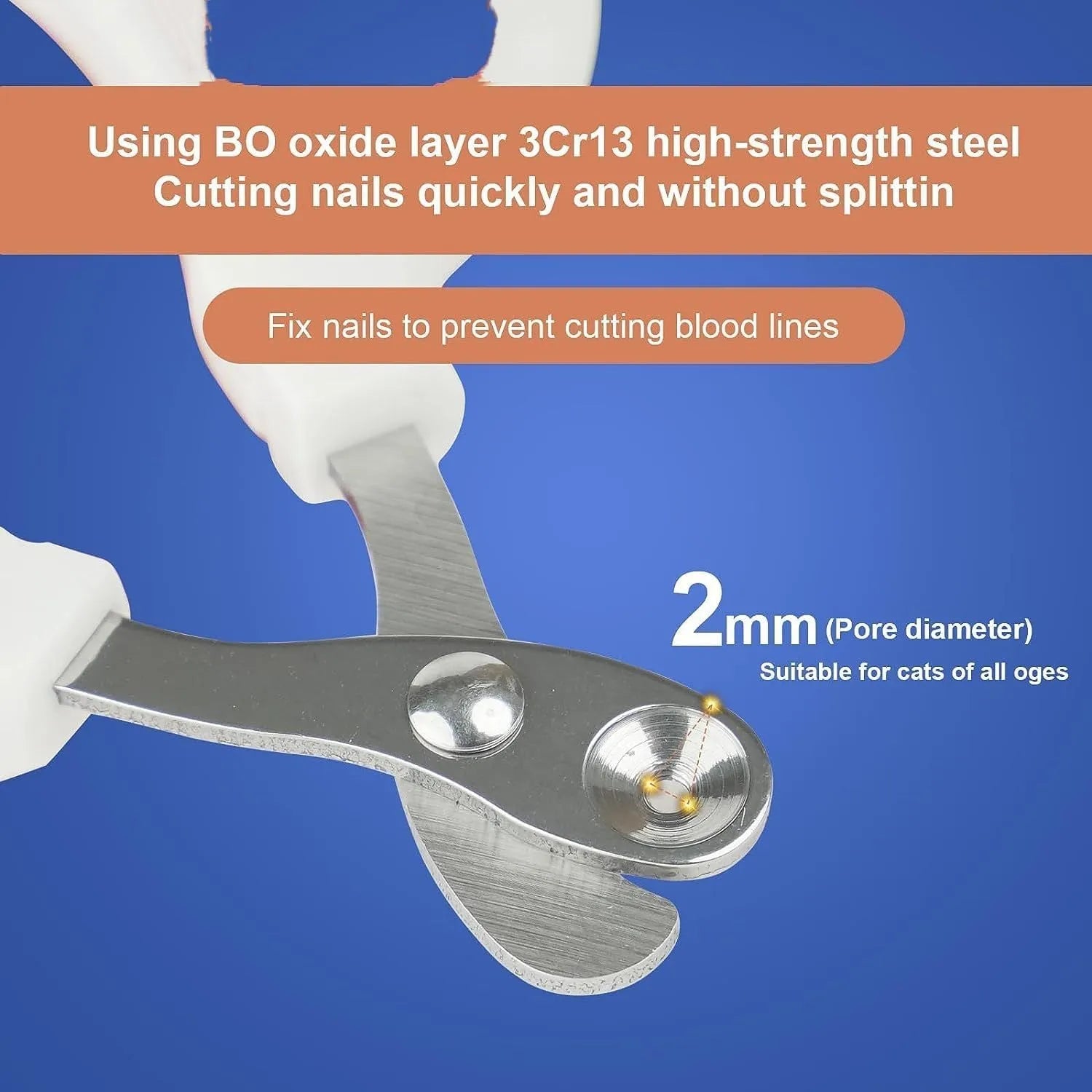 Blue cat nail clippers with a circular guide hole and non-slip grip handle on a white surface.