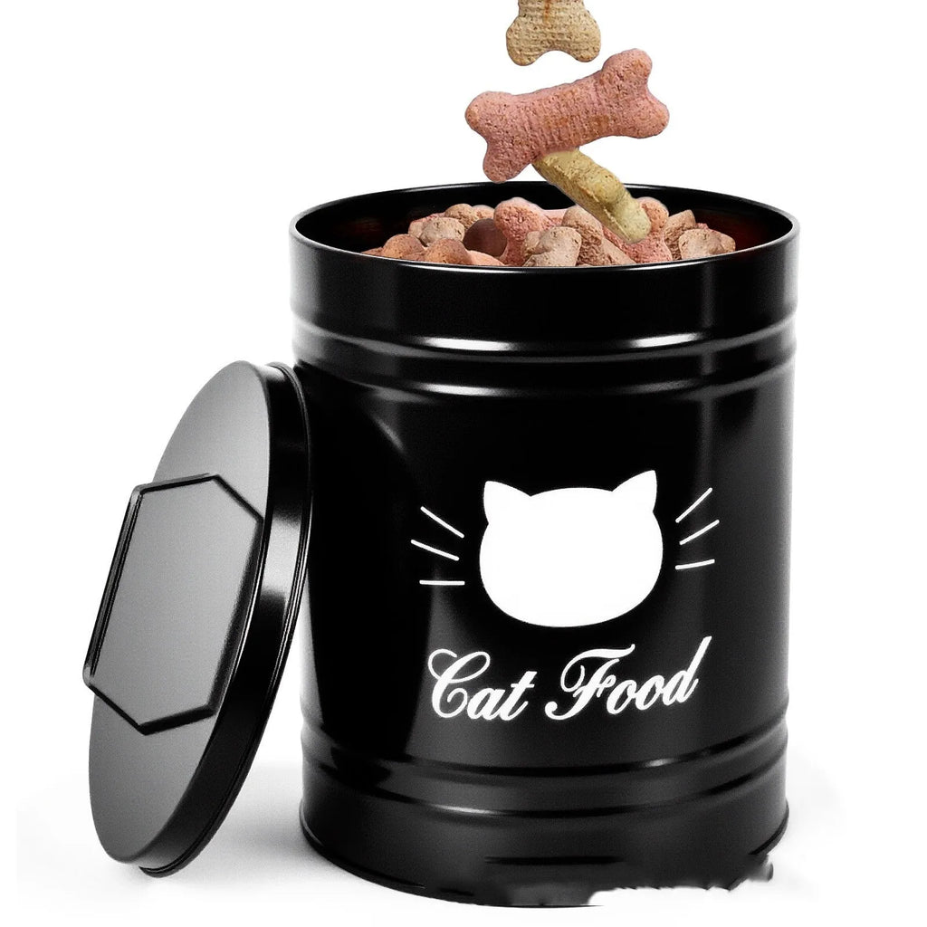 Round black iron sheet storage bucket with lid for household pantry organisation.