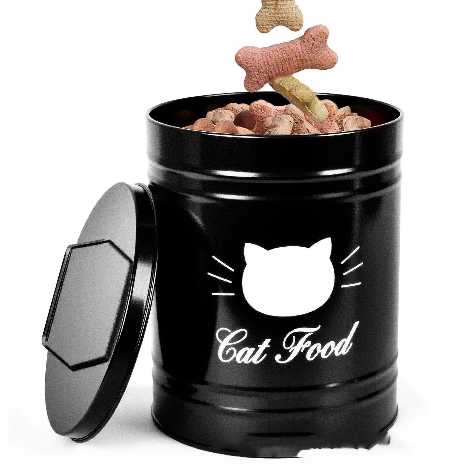 Round black iron sheet storage bucket with lid for household pantry organisation.