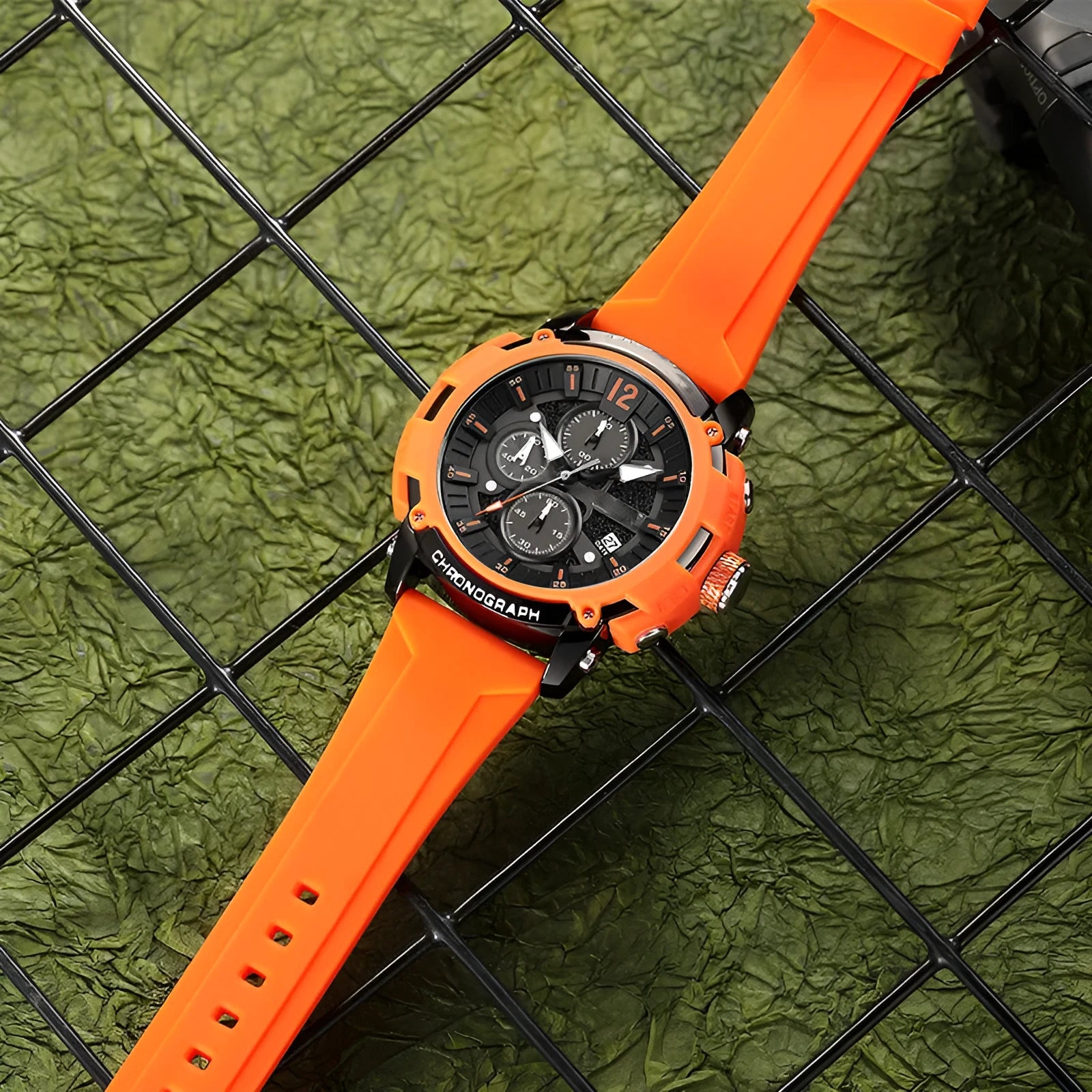 Men's large face black quartz watch with luminous hands and calendar display on a 24mm wide band.