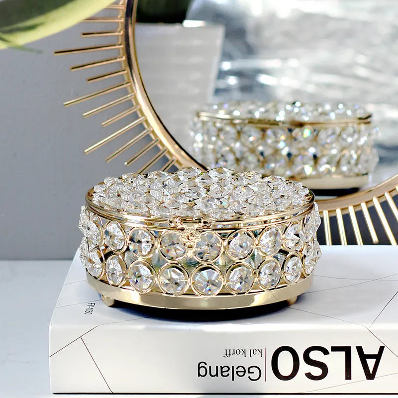 European style jewelry box with crystal glass transparent top and French gold iron finish
