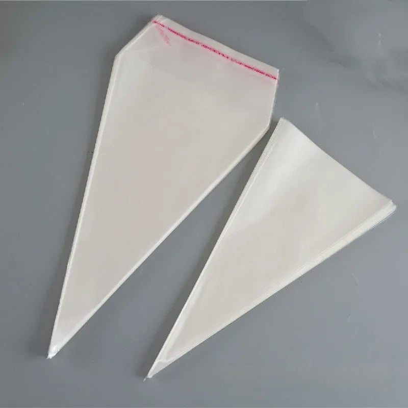Clear triangular OPP plastic packaging bag with a twisted wire seal, shown next to a pack of bags.