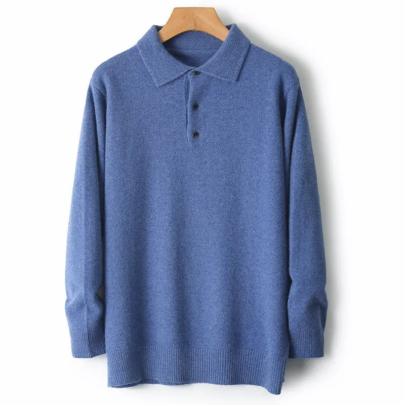 Men's grey wool pullover sweater with a polo collar, laid flat.