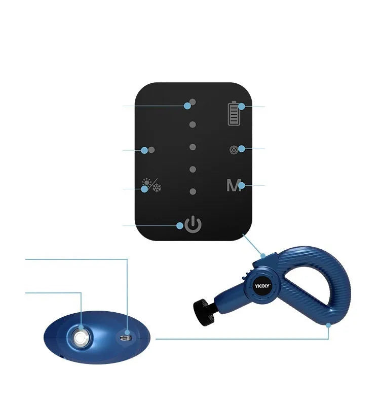 Black smart muscle massage gun with five interchangeable heads and carry bag