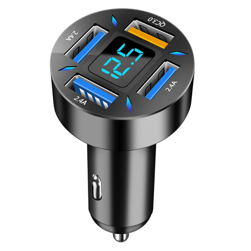 Black four-port USB car charger with LED digital display, compact design for vehicle use.