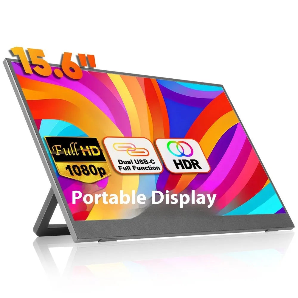 Black 15.6-inch portable monitor with adjustable stand on desk showing office application