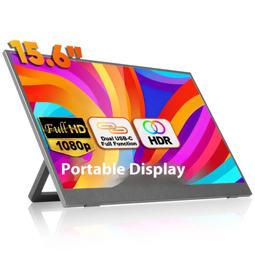 Black 15.6-inch portable monitor with adjustable stand on desk showing office application