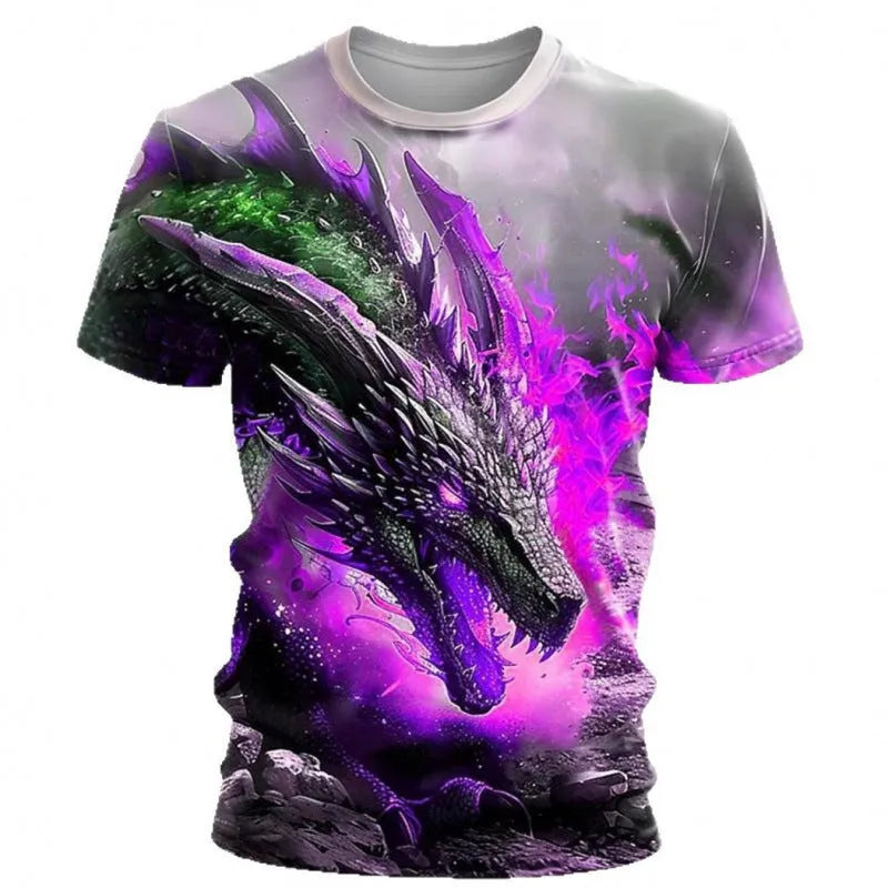 Men's black T-shirt with 3D silver wind dragon print design on front